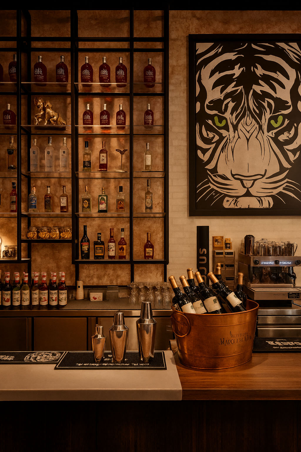 Pasillo lateral con luz de neón azul