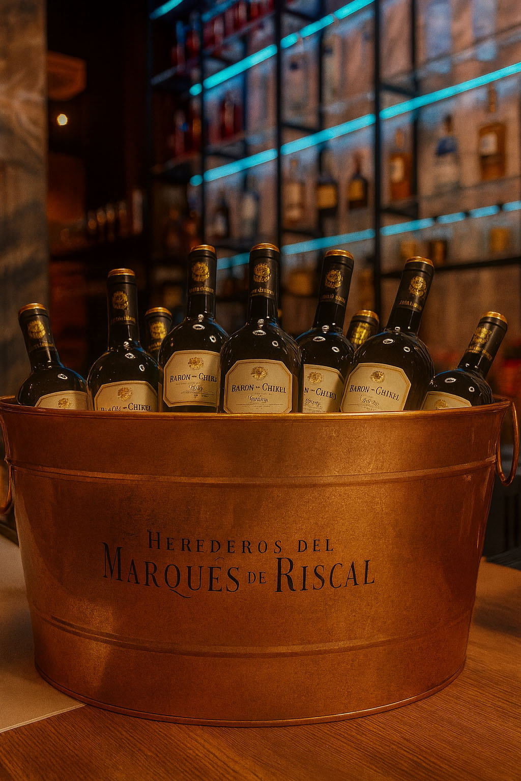 Cubertera de cobre con botellas de vino